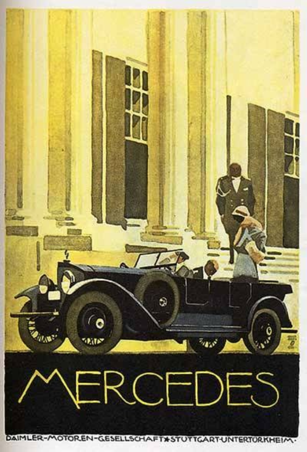 Vintage-Plakat aus den 1920er-Jahren mit einem Mercedes-Benz-Auto mit zwei Insassen vor einem modernen Gl├Ąserturm, mit 'Mercedes-Benz'-Text unten.