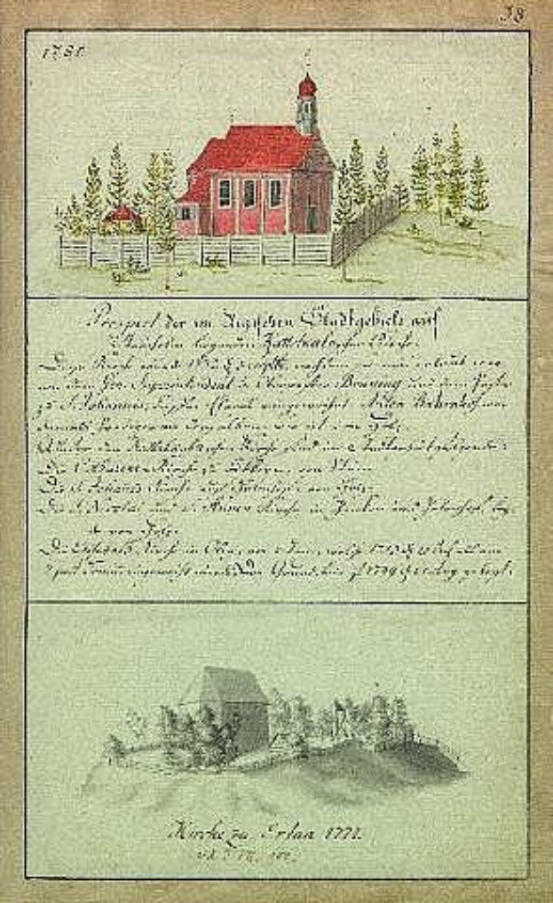 Ein altes Buch mit einer Zeichnung eines roten Hauses, umgeben von Bäumen und einem Zaun, betitelt 'Deutsche Schule in den Niederlanden, 1777'.