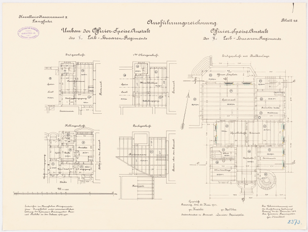 Ein detaillierter Grundrissplan des ehemaligen Arbeitszimmers des deutschen Bundeskanzlers, der den Aufbau des Gebäudes mit verschiedenen Räumen und Textanmerkungen zeigt.