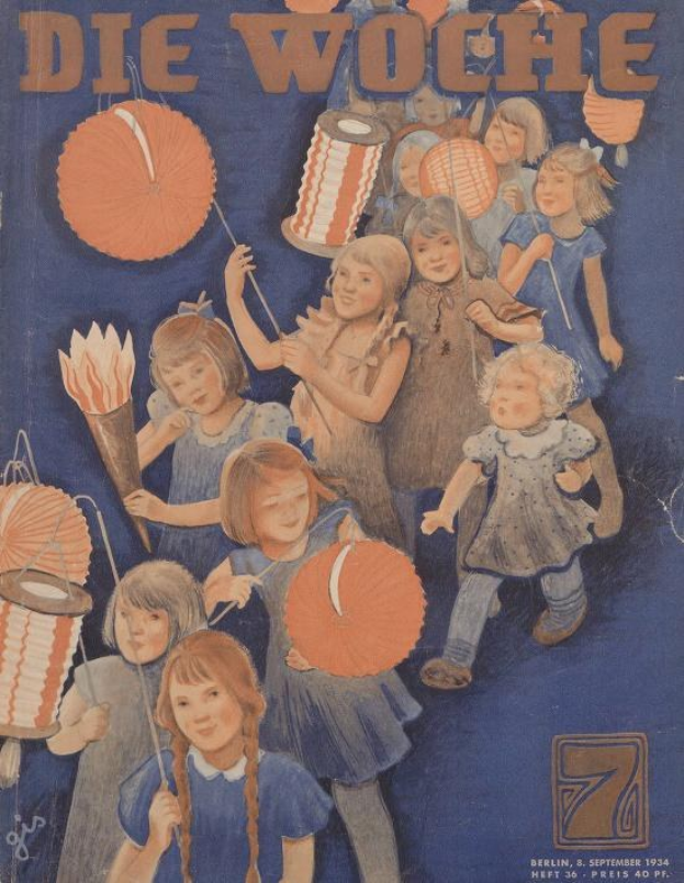 Titelbild der 'Die Woche'-Zeitschrift mit Kindern in traditioneller deutscher Tracht, die buntfarbige Papirlaternen halten und den 7. September 1934 feiern, mit der Aufschrift 'Die Woche' lesend 'Frohes neues Jahr.'