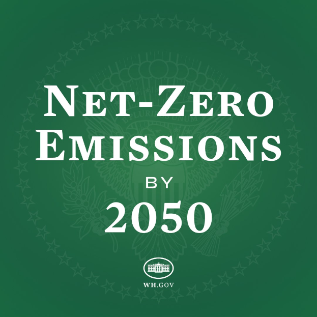 Weißer fetter Text auf grünem Hintergrund: "net-zero emissions by 2050."