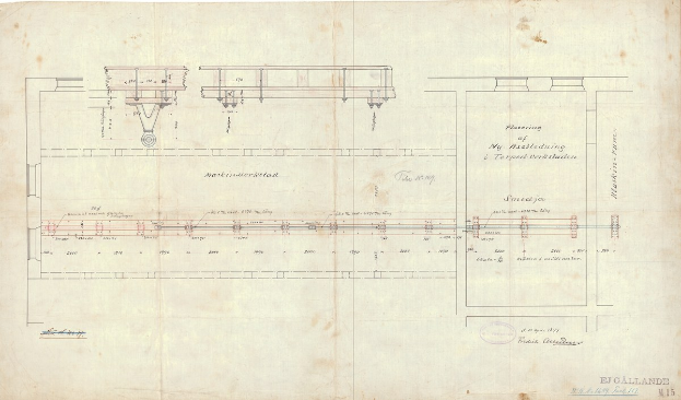 Detailzeichnung einer Eisenbahnschiene auf Papier mit begleitendem Text
