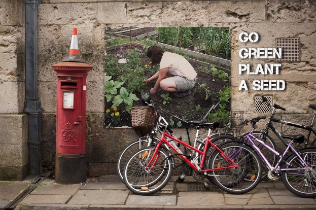Fahrräder, die in der Nähe einer Briefkasten mit einem Sicherheitskegel darauf geparkt sind, ein Plakat an einer Wand im Hintergrund und ein Weg am unteren Rand des Bildes.