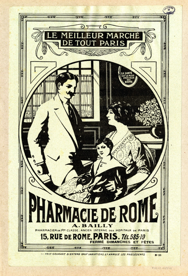 Schwarz-weiß-Anzeige für eine Apotheke in Rom, die einen Mann und eine Frau zeigt, die nebeneinander stehen, mit Text, der die Dienstleistungen beschreibt.