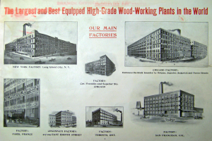Ein Papier mit Bildern von Gebäuden und Texten, die die größten und bestausgestatteten Hochleistungs-Holzbearbeitungsanlagen weltweit beschreiben.