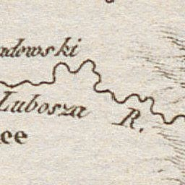 Ausführliche alte Karte von Lubosz, Polen, zeigt Straßen, Gebäude und Sehenswürdigkeiten mit Text zu Bevölkerung, Geschichte und Kultur.