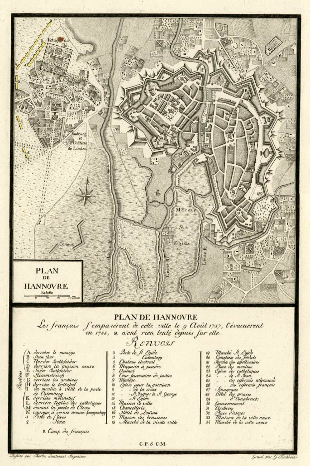 Ein detaillierter alter Stadtplan von Hannover, Deutschland, der Straßen, Gebäude, Sehenswürdigkeiten und Text enthält, der Informationen über die Bevölkerung und bemerkenswerte Merkmale bereitstellt.