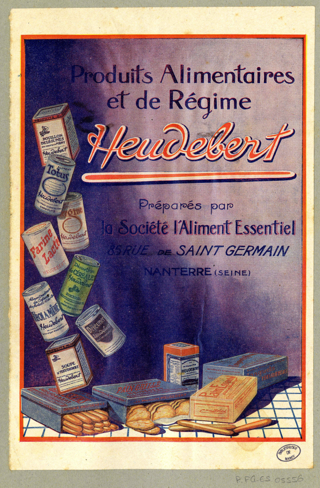 Ein Plakat mit verschiedenen Lebensmitteln, darunter Schachteln, und dem Text "Heidelberg - Alimentaire et de Régime-Produkte Heidelberg".