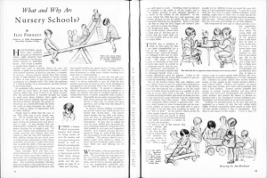 Offenes Buch mit Illustrationen von spielenden Kindern in einer Kindertagesstätte, Text und eine Tabelle mit Gegenständen.