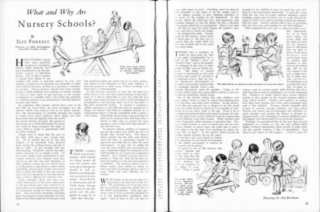 Offenes Buch mit Illustrationen von spielenden Kindern in einer Kindertagesstätte, Text und eine Tabelle mit Gegenständen.