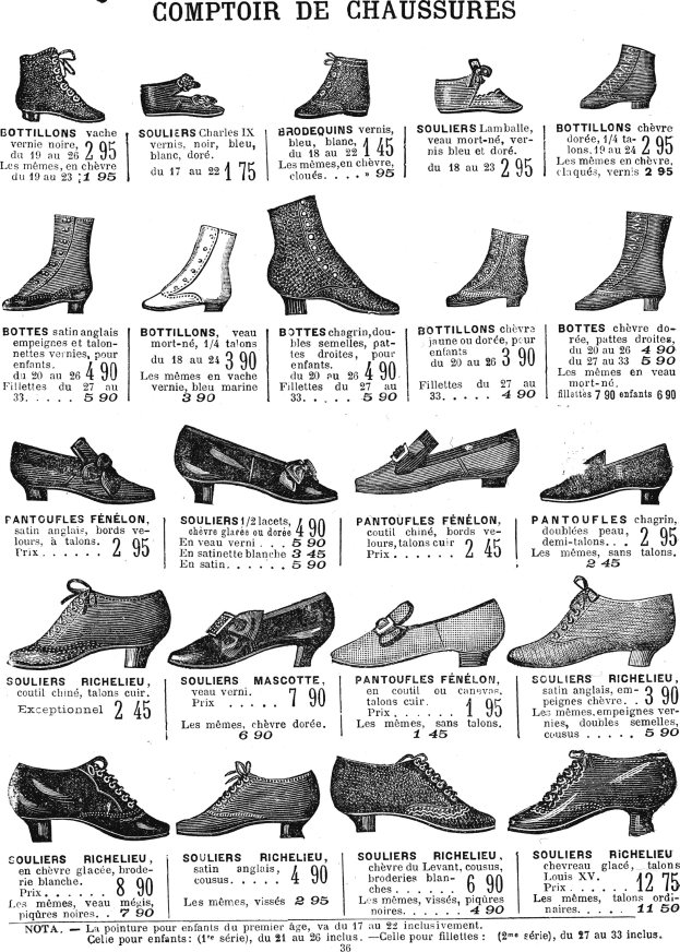 Eine Seite aus einem Buch, die verschiedene Damenschuhe mit einzigartigen Designs, Preisschildern und detaillierten Beschreibungen von Größe, Form und Farbe zeigt.