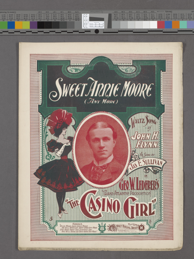 Ein hellgelbes Plakat mit zwei Schauspielern, Sweet Annie Moore und der Casino Girl, und dem Titel des Stücks in fetter klassischer Schrift darüber.