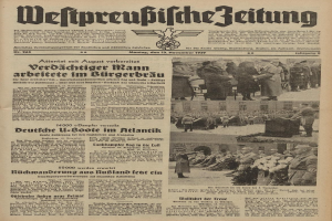 Schwarze und weiße Titelseite einer deutschen Zeitung vom 13. November 1939, betitelt "Weitpreubliche Zeitung", mit einer Gruppe von Menschen in traditioneller deutscher Tracht auf einem Fest.