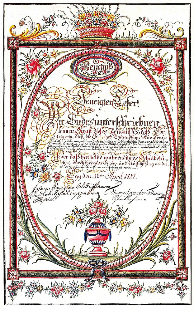 Ein altes deutsches Regierungszertifikat aus dem Jahr 1812 mit einem floralen Design und detaillierten Verzierungen.