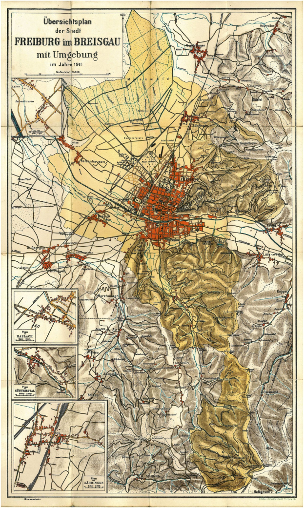 Detailiertes altes Stadtplan von Freiburg, Deutschland, zeigt Straßen, Gebäude und Sehenswürdigkeiten mit Text oben und unten auf dem Plakat.