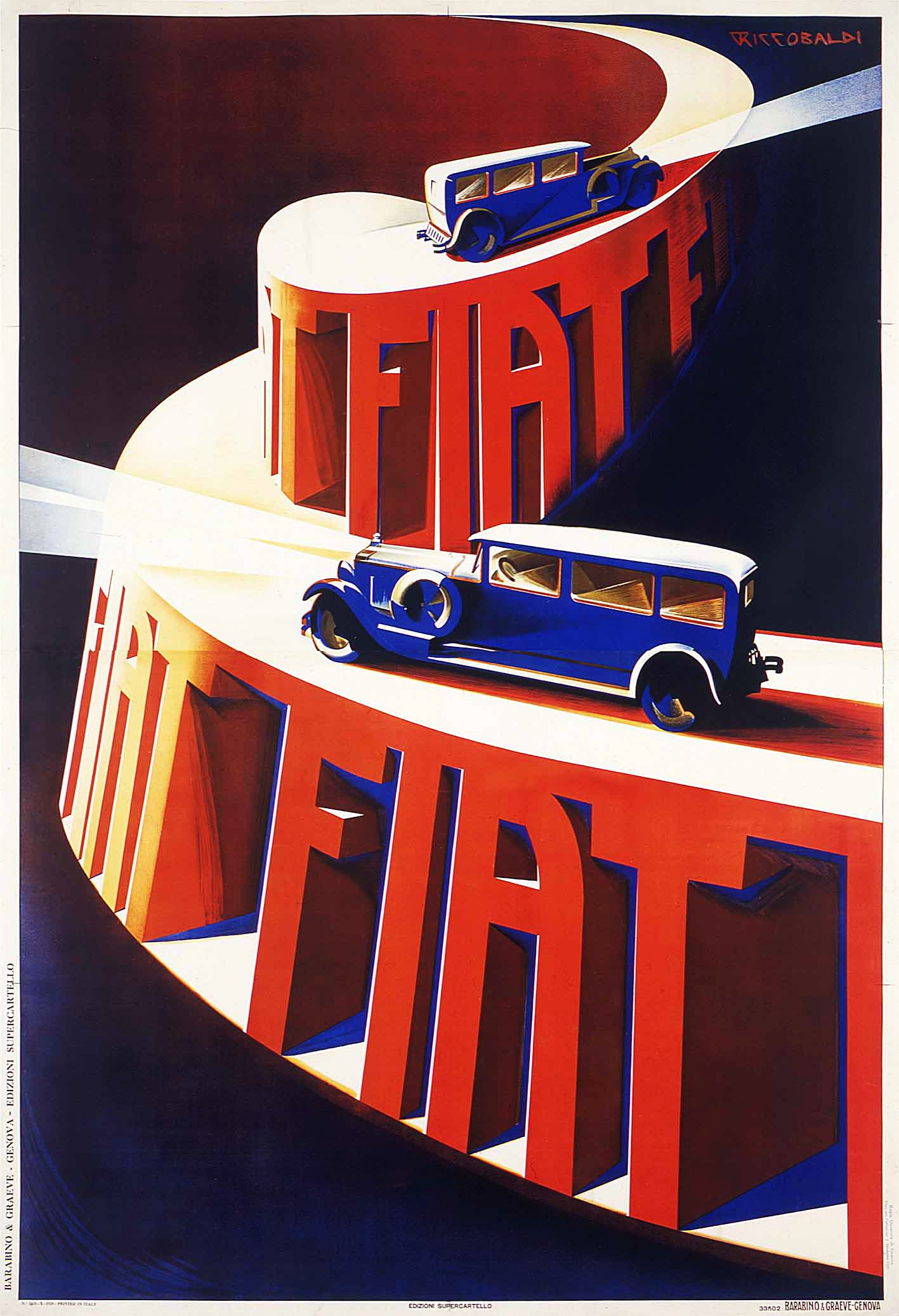 Zwei Fiat-Autos, eines blau und eines rot, sind auf einem Plakat mit dem Wort "Fiat" zu sehen.