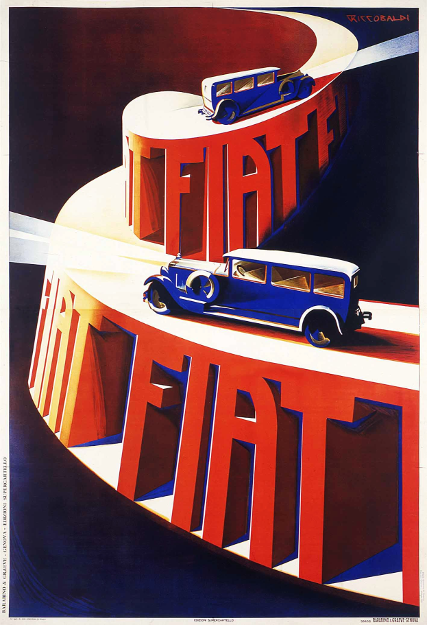 Zwei Fiat-Autos, eines blau und eines rot, sind auf einem Plakat mit dem Wort "Fiat" zu sehen.