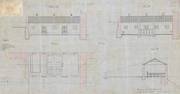 Ein detaillierter Architekturplan eines Gebäudes mit zahlreichen Fenstern, als Grundriss für eine neue Schule bezeichnet, einschließlich Text und Layout-Details.