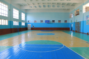 Großer Turnhallen mit blau-weißem Boden, Basketballfeld, Netz mit Pfosten, Tür, Fenstern, Wandplakaten, Geländer und Dach.