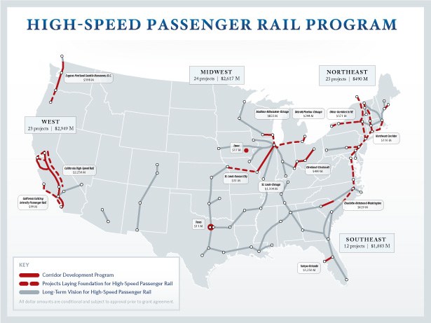 Ein Plakat, das eine detaillierte Karte des U.S.-High-Speed-Passagierbahnprogramms zeigt, einschließlich Routen und wichtiger Standorte, begleitet von erklärendem Text über die Initiative.