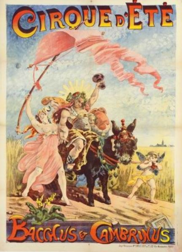 Farbenfroher Vintage-Zirkusplakat mit dem Titel "Cirque d'Ete Bacchus & Cambrinus" mit Menschen, Tieren und Pflanzen.