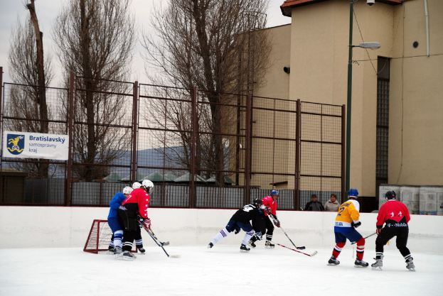 Menschen, die auf einem Eisplatz Hockey spielen, mit Gebäuden, Bäumen, einer Straßenlaterne, einem Namensschild und Zäunen im Hintergrund unter einem Himmel.