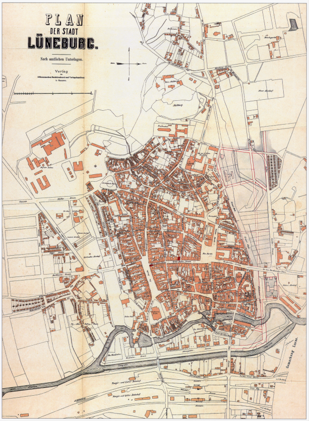 Ein detaillierter alter Stadtplan von Lüneburg, Deutschland, der Straßen, Gebäude und Sehenswürdigkeiten mit Texten zeigt, die zusätzliche Stadtinformationen bereitstellen.