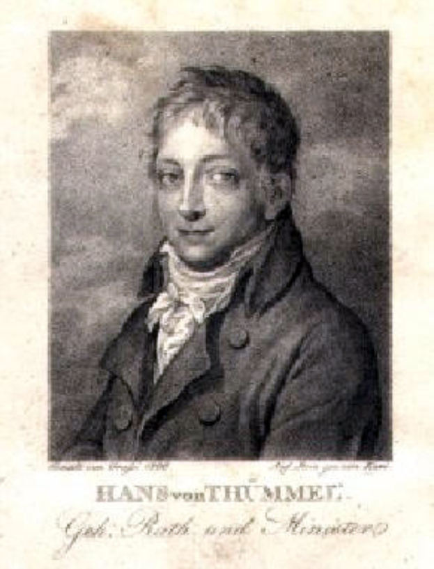 Schwarzes und weißes Porträt von Hans von Thummel, einem deutschen Komponisten, der einen Mantel trägt, mit Text unten auf dem Bild.