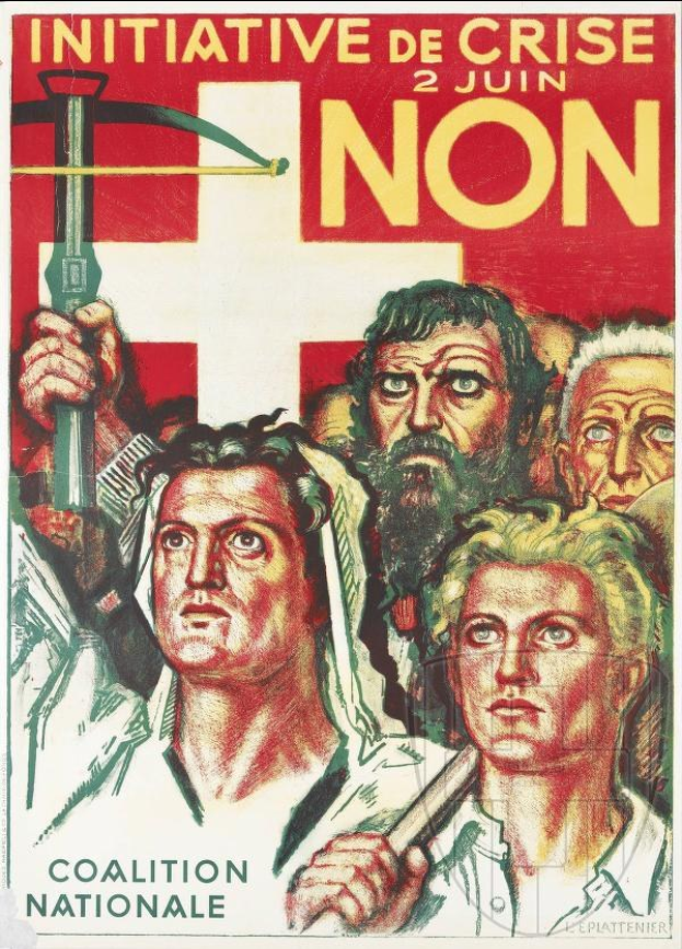 Plakat für die Coalition Nationale, eine nicht-krisenbedingte Initiative, mit einer Gruppe von Menschen, die einen Hammer und eine Sichel halten, und Text, der Informationen über die Organisation und ihre Mission enthält.
