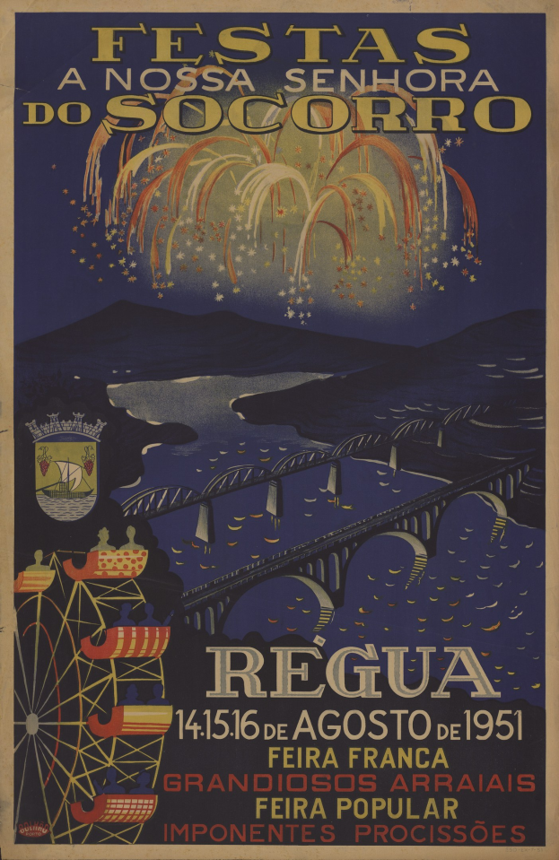 Buntes Festivalplakat in Brasilien mit Brücke, Wasser, Hügeln und Feuerwerk mit Text zu den Veranstaltungdetails.