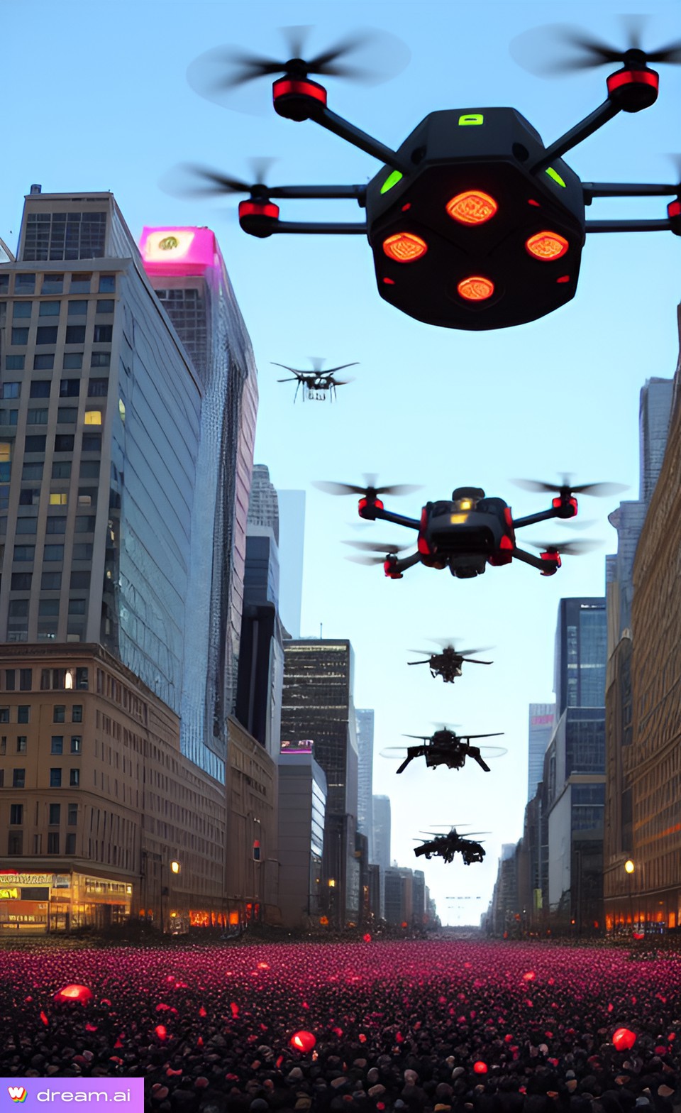Eine Gruppe von Drohnen fliegt über eine von Menschen gefüllte Stadtstraße, beleuchtet von den Lichtern der Gebäude im Hintergrund und dem Himmel darüber.