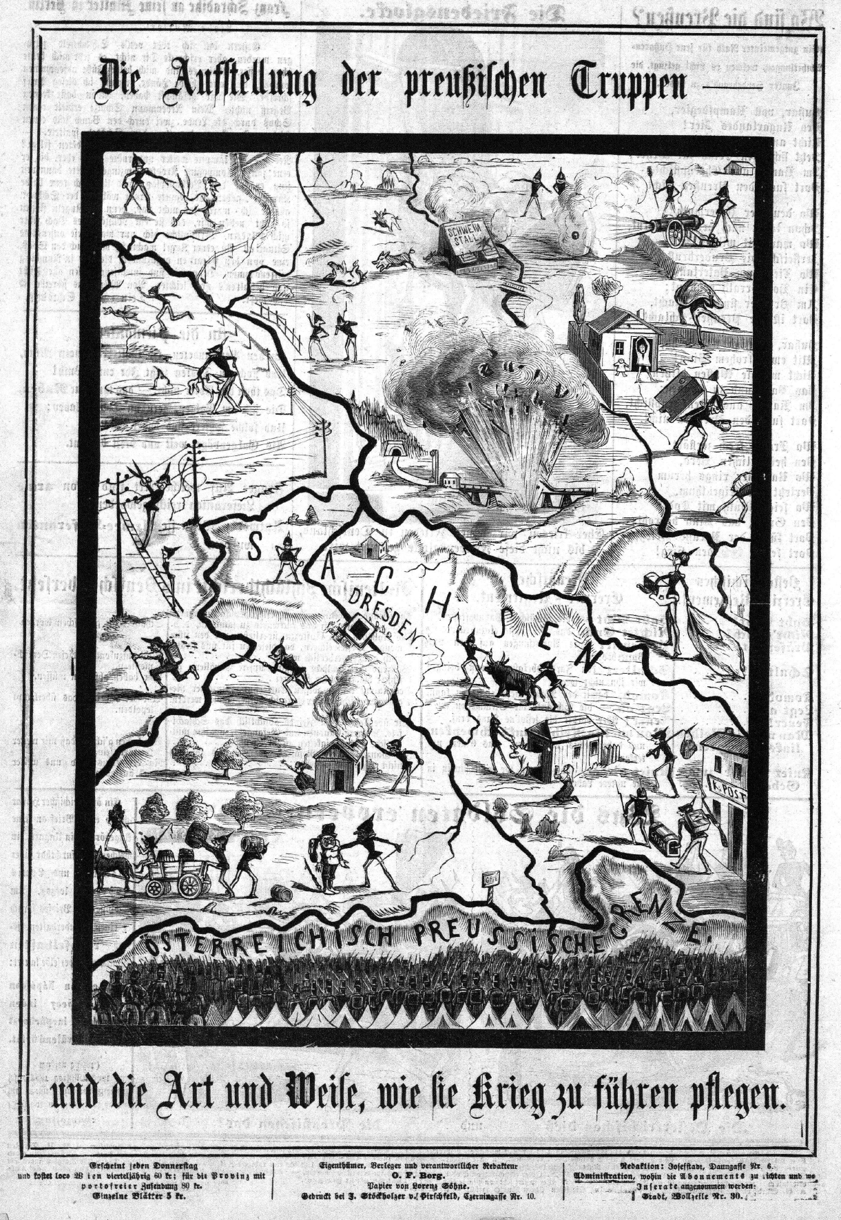 Eine alte Zeitung mit einer Schwarz-Weiß-Karte von Deutschland mit detaillierten geografischen Merkmalen wie Bergen, Flüssen und Städten, begleitet von Text.