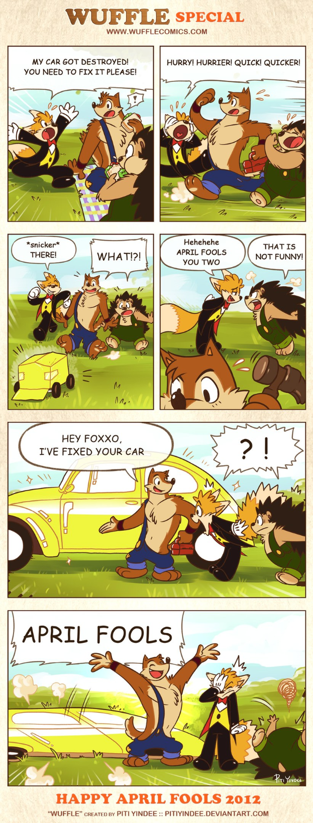 Comicstrip-Plakat mit dem Titel "Aprilscherz", das zwei Cartoon-Figuren in einem Gespräch unter einem hellblauen Himmel mit weißen Wolken zeigt, Text in fetter schwarzer Schrift.