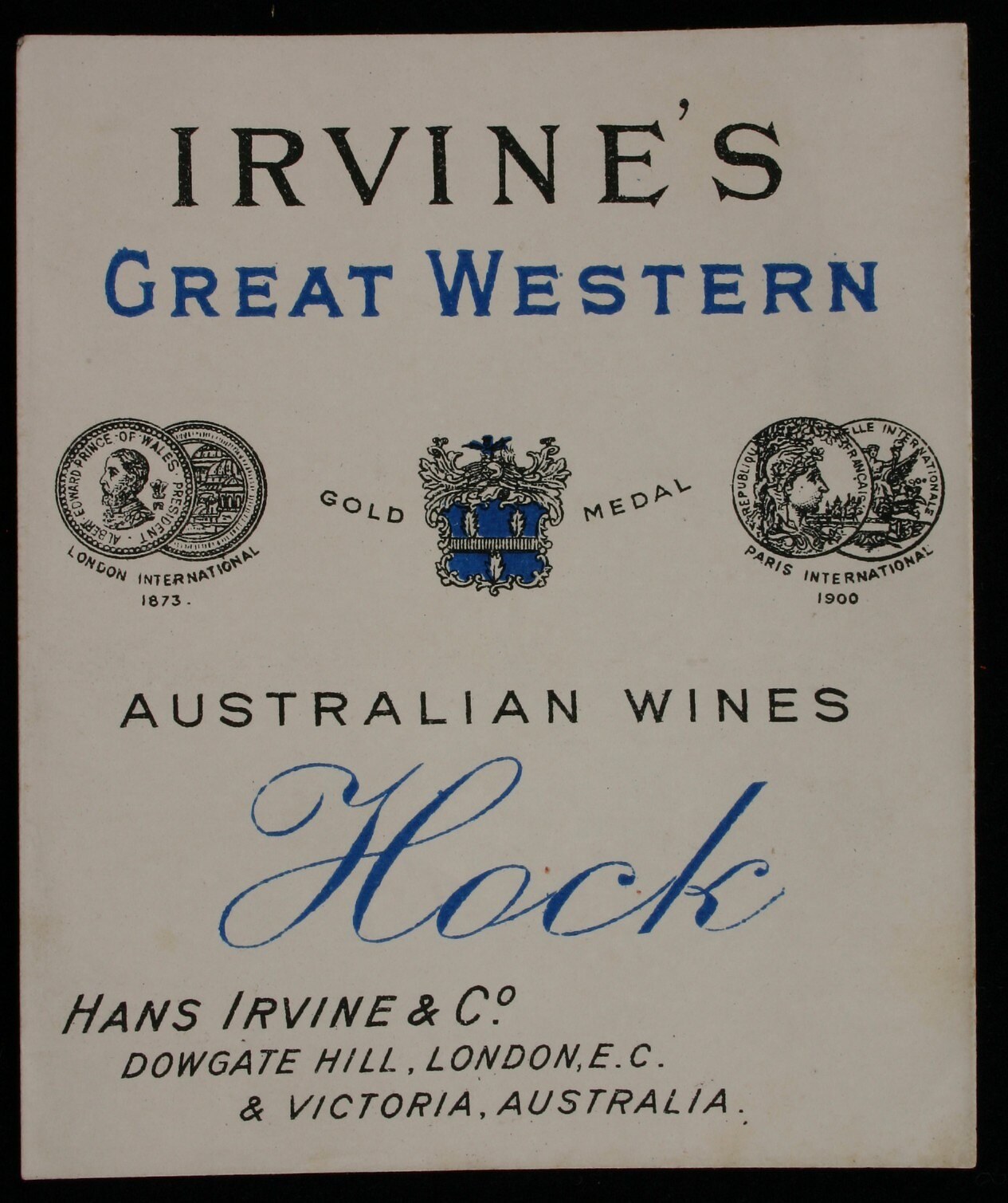 Plakat, das Irvine's Great Western Australian Wines bewirbt, mit dem Namen und Logos des Unternehmens.