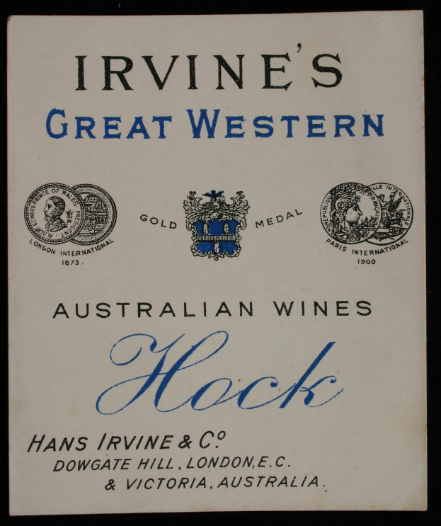 Plakat, das Irvine's Great Western Australian Wines bewirbt, mit dem Namen und Logos des Unternehmens.