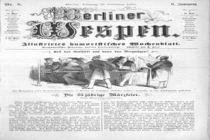 Eine alte deutsche Zeitung mit dem Titel 'Berliner Wespen' vom 21. Februar 1873, die ein Foto einer Gruppe von Menschen in traditioneller deutscher Kleidung zeigt, die scheinbar in ein Gespräch vertieft sind.