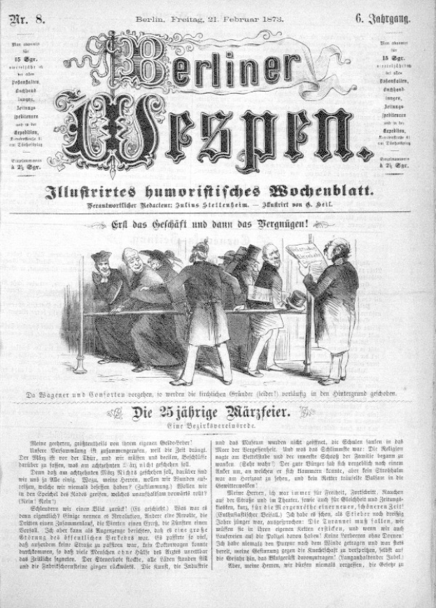 Eine alte deutsche Zeitung mit dem Titel 'Berliner Wespen' vom 21. Februar 1873, die ein Foto einer Gruppe von Menschen in traditioneller deutscher Kleidung zeigt, die scheinbar in ein Gespräch vertieft sind.