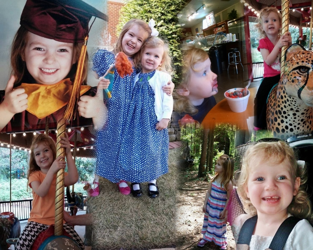 Eine Collage mit Vergnügungsparkfahrten, einem Tisch mit Lebensmitteln einschließlich einer Tasse und einem Löffel, verschiedenen Gegenständen, Lichtern, einer Wand, Büschen, Bäumen, Gras, einem Seil und einem Hut.