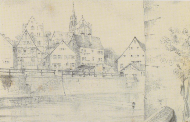 Schwarz-weißes Bleistiftbild mit dem Titel "Nürnberg, Deutschland" von Joseph Mallord William Turner, das eine Stadtansicht mit einem Fluss, Gebäuden, Bäumen und einer Brücke zeigt.