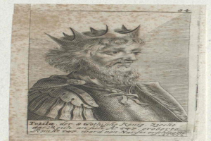 Eine Gravur eines bärtigen Mannes in Krone und königlicher Robe, identifiziert als Totula, König von Deutschland, mit der Inschrift "Totula" darunter.