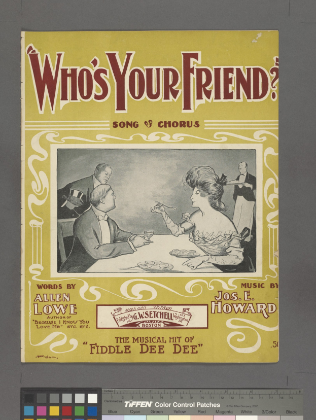 Plakat mit fetter schwarzer Schrift "Who's Your Friend? Song & Chorus" auf weißem Hintergrund, zeigt eine farbenfrohe Illustration eines Mannes in einem blauen Anzug und einer Frau in einem pinken Kleid mit Schürze, die sich im Kreis mit ausgestreckten Armen umarmen, umgeben von einem hellgelben Rand.