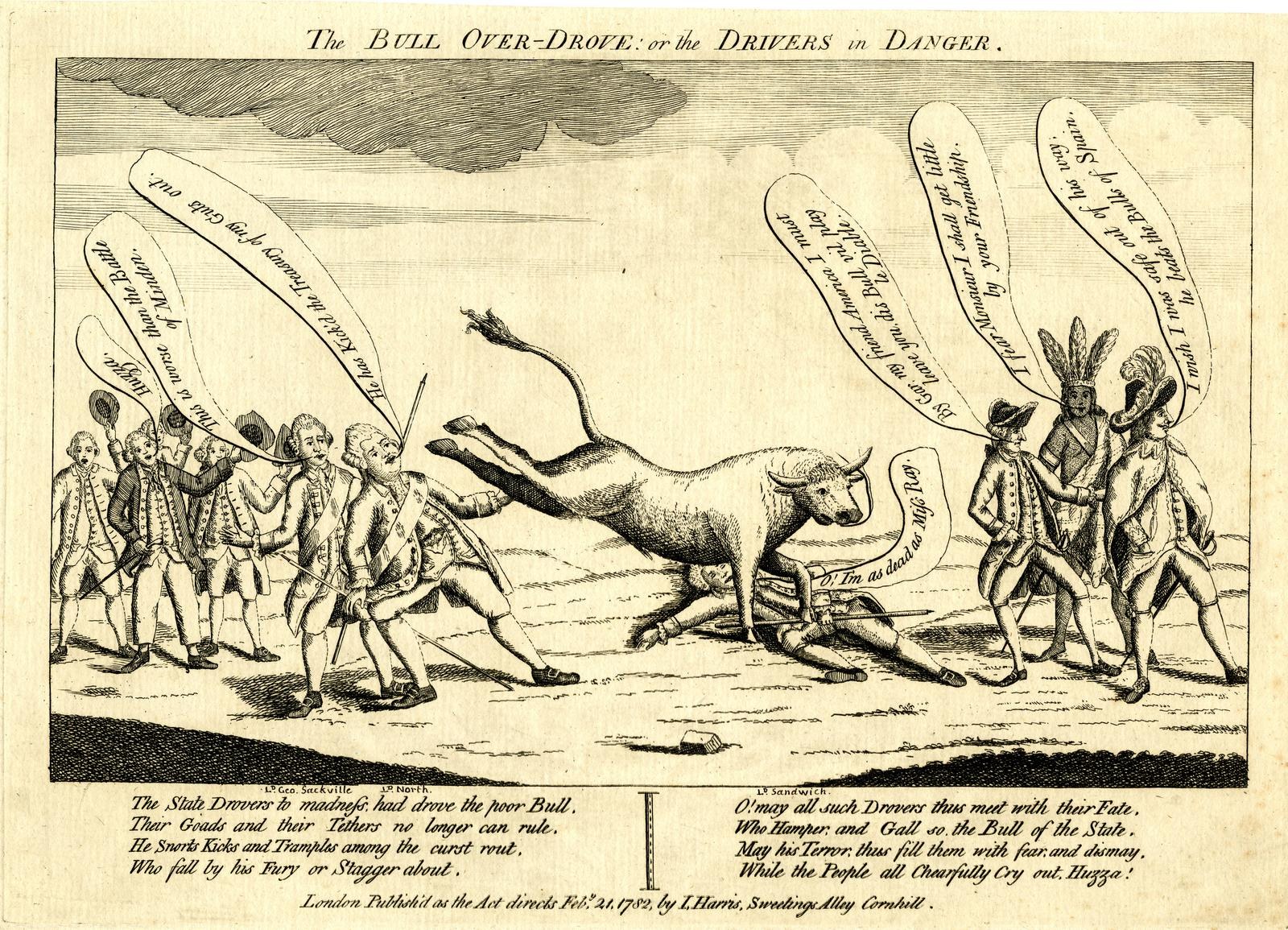 Eine Zeitung mit einer Zeichnung eines Stiers, der Fahrer überrennt oder in Gefahr bringt, umgeben von einer Gruppe von Menschen, mit begleitendem Text.