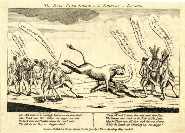 Eine Zeitung mit einer Zeichnung eines Stiers, der Fahrer überrennt oder in Gefahr bringt, umgeben von einer Gruppe von Menschen, mit begleitendem Text.