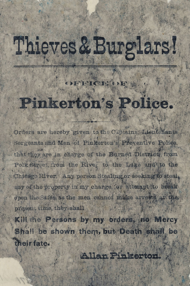 Plakat mit fetter schwarzer Schrift "Diebe & Einbrecher Pinkerton's Polizei" auf einem weißen Hintergrund, der von einem schmalen schwarzen Rand eingerahmt ist.