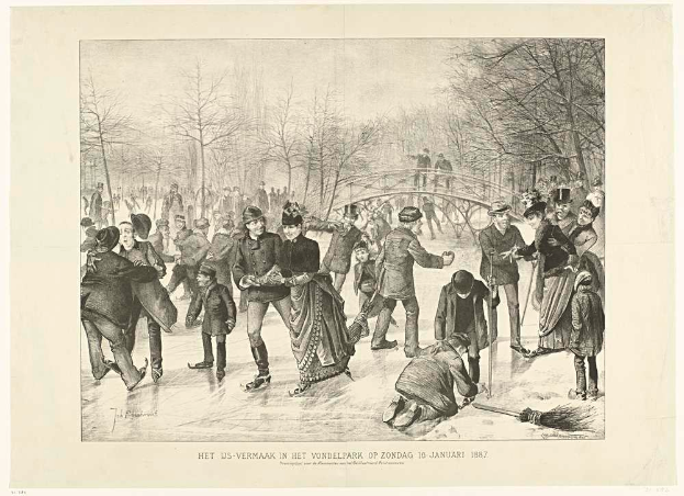 Eine Gruppe von Menschen, die auf einer Eisfläche in einem Park Schlittschuh laufen, mit Bäumen und einer Brücke im Hintergrund und Text unten, der 'Het us-vermaak in het vondelpark op zondag 10 januari 1887' lautet.