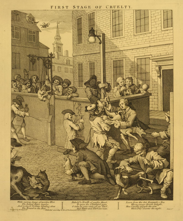 Ein handgezeichnetes Blatt Papier mit einer Gruppe von Menschen und Tieren vor einem Gebäude mit Fenstern und einer Straßenlaterne, betitelt mit "Erste Stufe der Grausamkeit" unten.