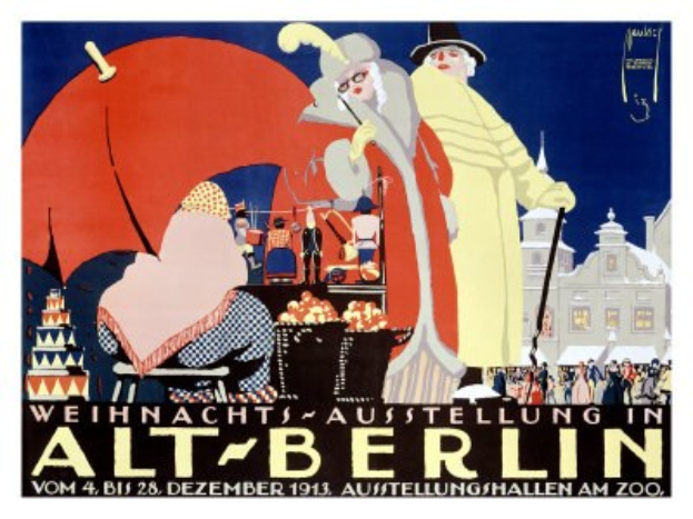 Plakat, das eine Weihnachtsausstellung in Alt-Berlin ankündigt, mit einer bunten Illustration von Menschen, Gebäuden und Gegenständen und dem Text "Weihnachtsausstellung in Alt-Berlin" oben.