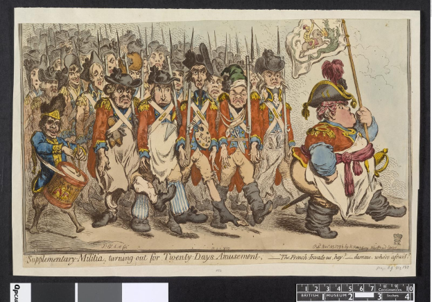 Eine Gruppe von Männern in Militäruniformen marschiert auf einer Straße, einer hält einen Stock in der Hand, mit dem Text 'Ergänzender Landsturm, zur zwanzig Tage währenden Belustigung' unten.