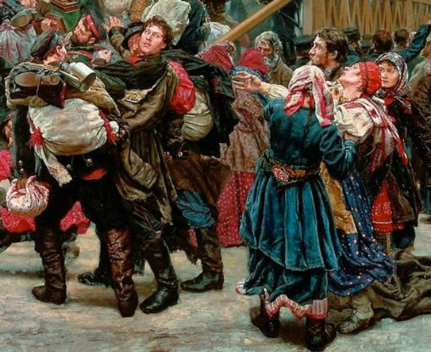 Gemlde, das eine Gruppe von Menschen zeigt, die vor einem Publikum tanzen, dabei einige Gegenstnde in den Hnden halten und vor einem Holzhaus im Hintergrund stehen.