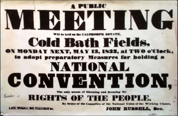 Schwarzer und weißer Plakatwerbung für eine öffentliche Versammlung mit dem Titel "Nationalkonvent, Rechte des Volkes" in Cold Bath Fields.